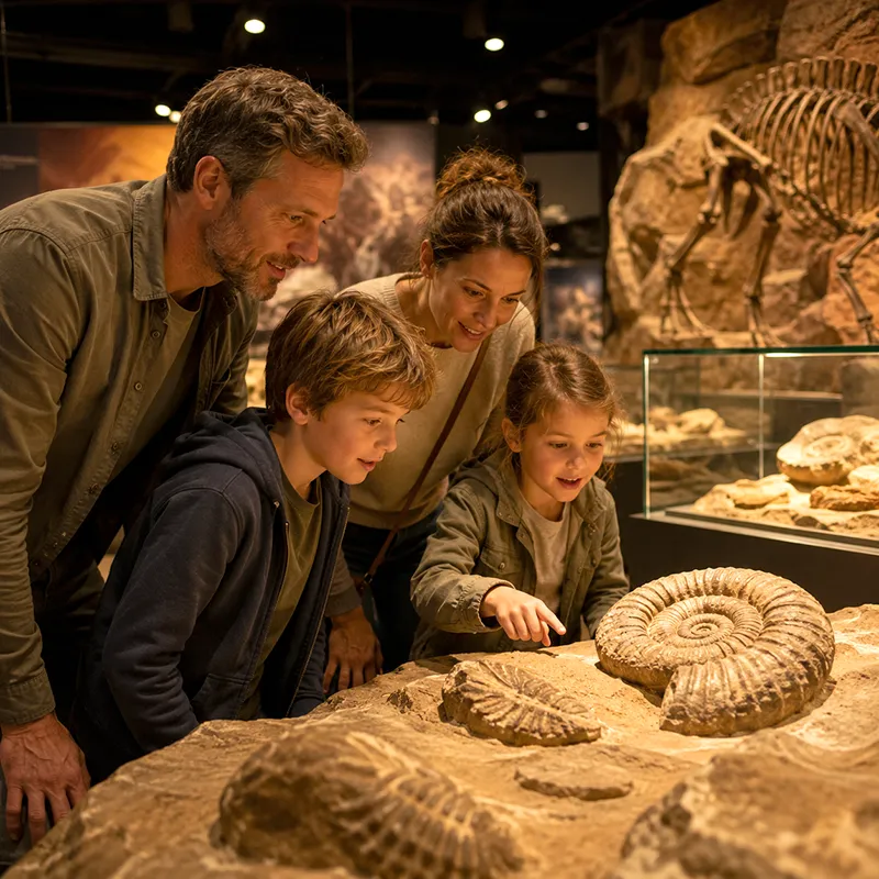 Familie mit zwei Kindern in der stimmungsvoll beleuchteten Fossilien-Ausstellung in der Fossilienwelt Kärnten, echte Fossilien in Vitrinen und auf Präsentationsflächen