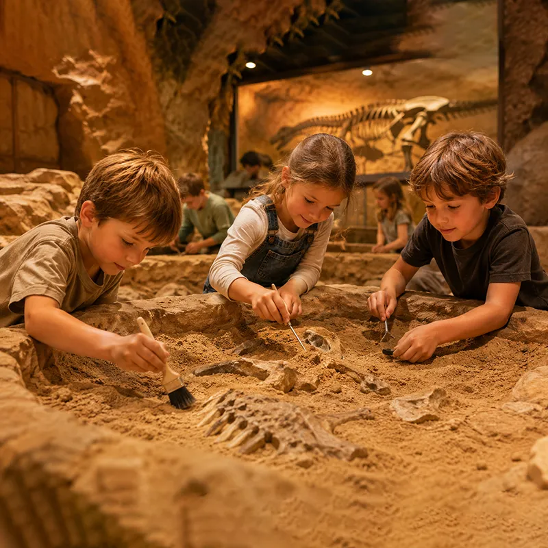 Kinder graben begeistert in einer Fossilien-Grabungsstation, natürlicher Sand-/Steinbereich, Urzeit-Atmosphäre.